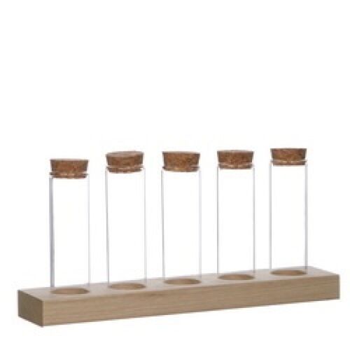 Houten tray met 5 glazen buisjes inclusief kurk H10 doorsnede 3cm. set van 6 stuks