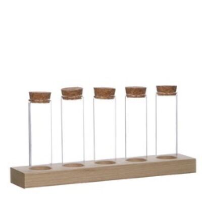Wooden tray with 5 glass tubes including cork H10 diameter 3cm. set of 6 pieces