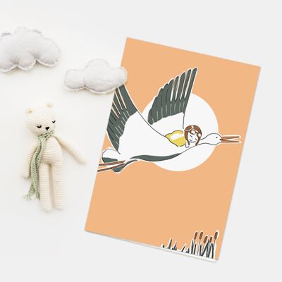 Carte de naissance | Carte de voeux de naissance | Félicitations pour la naissance d'une cigogne | "Bébé aviateur"