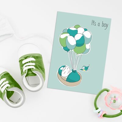 es un chico | Tarjeta divertida del bebé | hermosa tarjeta para el nacimiento de un niño | niño tarjeta de bebé | chico volador