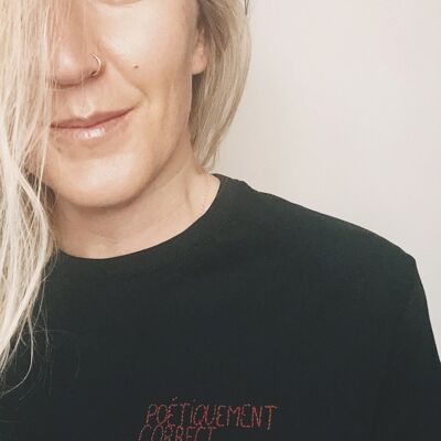 Black "Poetically correct" t-shirt, embroidered in red.