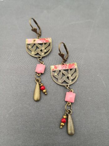 2 paires de boucles d'oreilles motif feuillages et fleurs en laiton et papier japonais 3