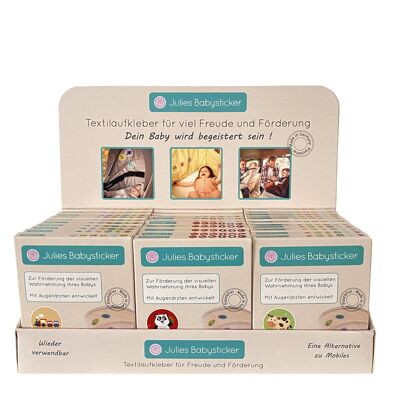 Counter display incl. 30 packs of baby stickers made of high-quality acetate silk. For prams, car seats and cots