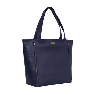 'CORDER' Navy Pebble Grain Real Leather Oversized Tote Bag