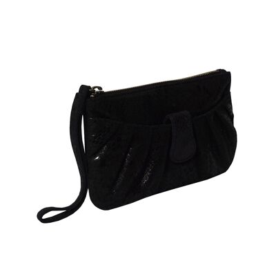 'DARCY' Black Pleated Snake Print Real Leather Wristlet Po