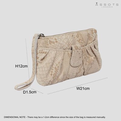 'DARCY' Nude Pleated Snake Print Real Leather Wristlet Pouch