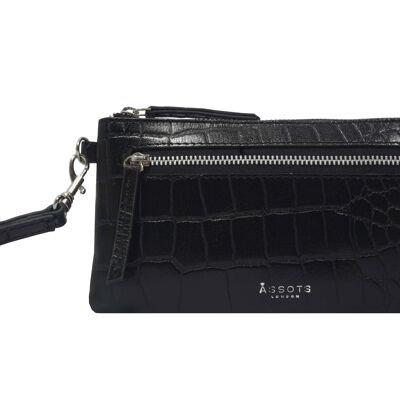 'Dory' Black Croc Real Leather Wristlet Handle Purse