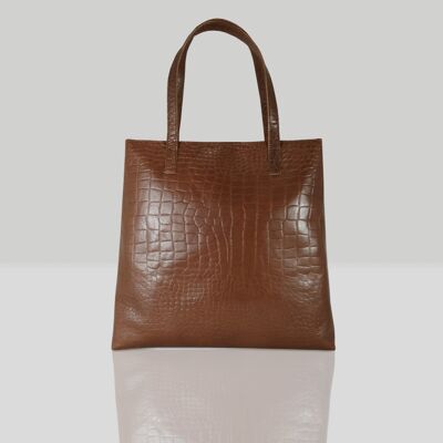 'FREYA' Tan Semi Structured Unlined Croc Leather Tote Bag