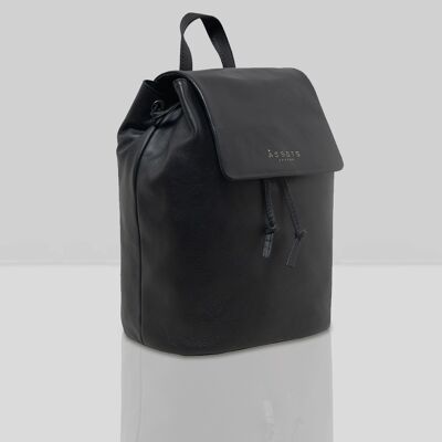 'GRACE' Black Leather Flap-over Backpack
