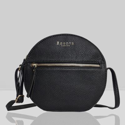 'Jane' Black Pebble Grain Leather Round Designer Crossbody