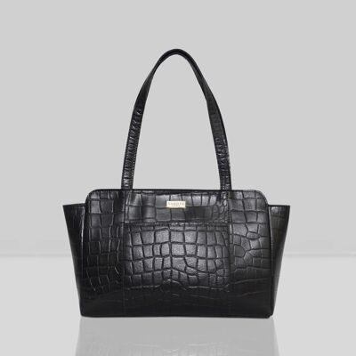 'JUDITH' Black Vintage Croc Real Leather Shoulder Bag