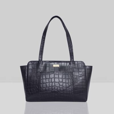 'JUDITH' Navy Vintage Croc Real Leather Shoulder Bag