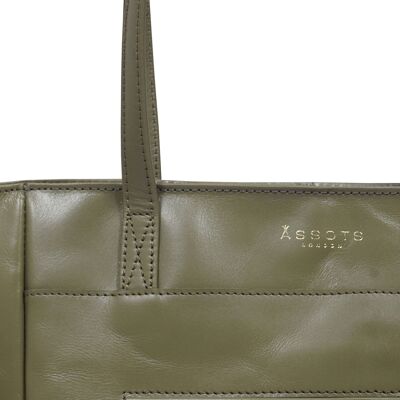 'LINDA' Olive Green Smooth Real Leather Unlined Tote Bag