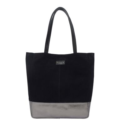 'PAIGE' Black Real Leather + Pewter Metallic Leather Tote