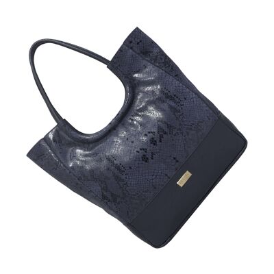 'PENNY' Navy Python Snake Print Real Leather Tote Bag