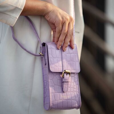 'PETRA' Lilac Croc Real Leather Mobile Phone Crossbody Bag