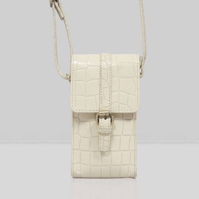 'PETRA' Off White Croc Real Leather Mobile Phone Crossbody
