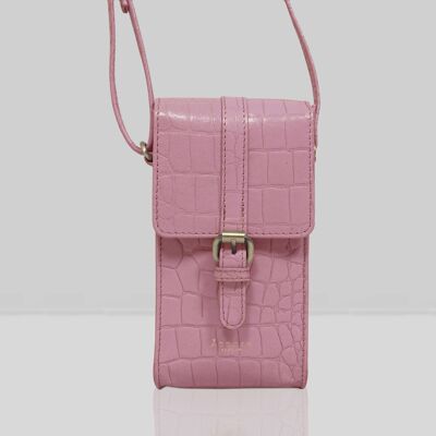 'PETRA' Pink Croc Real Leather Mobile Phone Crossbody Bag