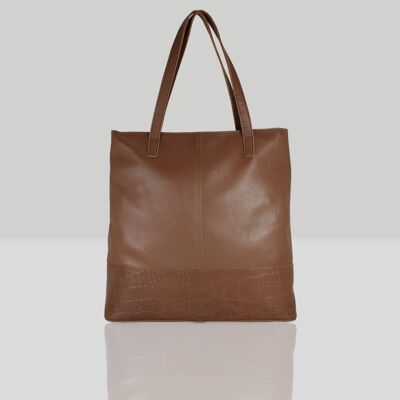 'SIENNA' Tan Croc + Pebble Grain Unlined Leather Tote Bag