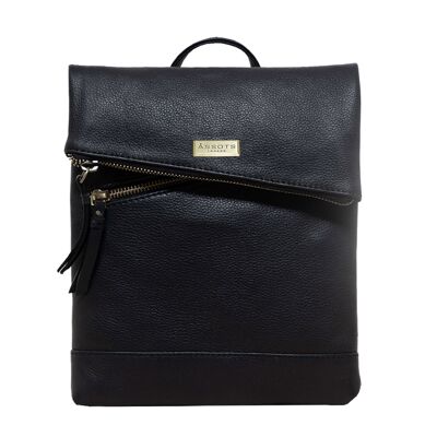 'SIERRA' Black Pebble Grain Leather Mini Flap Over Backpack