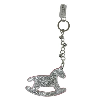 'WOOD HORSE' Super Cute Silver Metallic Leather Key Ring H