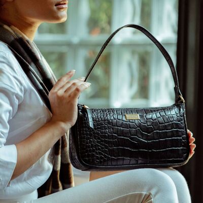 'ZARA' Black Vintage Croc Real Leather Baguette Shoulder Bag