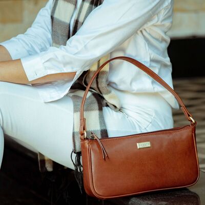 'ZARA' Brown Smooth Real Leather Baguette Shoulder Bag