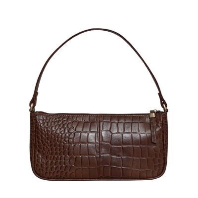 'ZARA' Tan Vintage Croc Real Leather Baguette Shoulder Bag