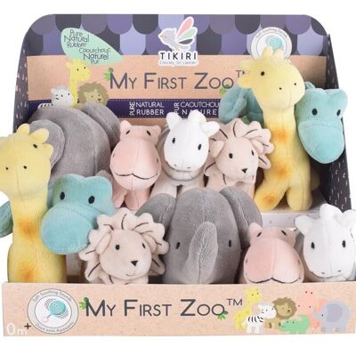 Tikiri Organic Collection: MY FIRST ANIMAL IN THE ZOO / ASSORTMENT 5-17cm, in organic cotton, squeaker, 6 models ass., In display, 0+