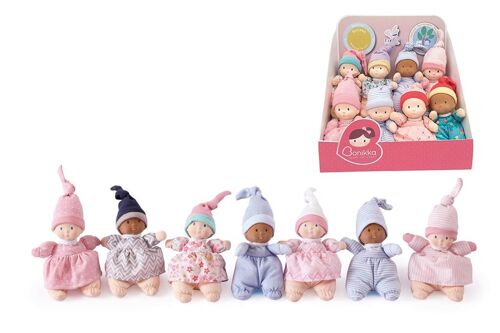 Bonikka Baby Collection in Natural Rubber: MINI DOLL 22cm, with natural rubber head, assorted models, in display, 0+