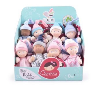 Bonikka Baby Collection in Natural Rubber: MINI DOLL 22cm, with natural rubber head, assorted models, in display, 0+ 3