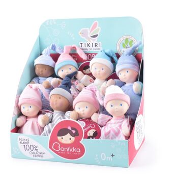 Bonikka Baby Collection in Natural Rubber: MINI DOLL 22cm, with natural rubber head, assorted models, in display, 0+ 7