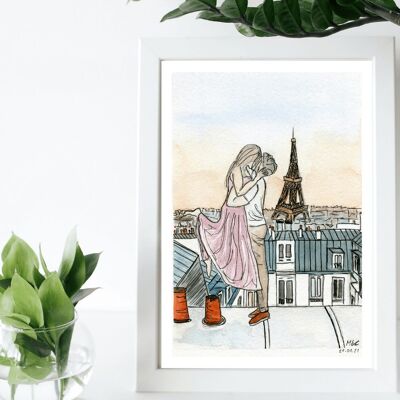Watercolor couple on Parisian rooftops