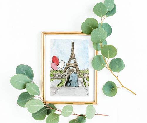 Aquarelle couple vue sur tour eiffel