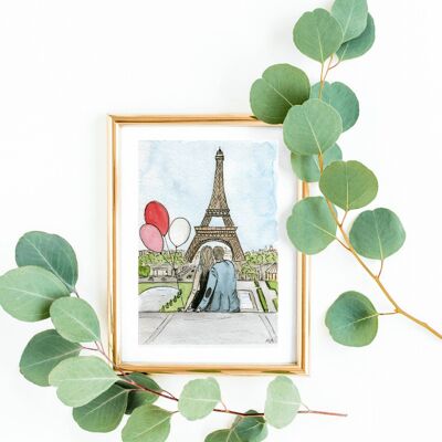 watercolor couple view of eiffel tower