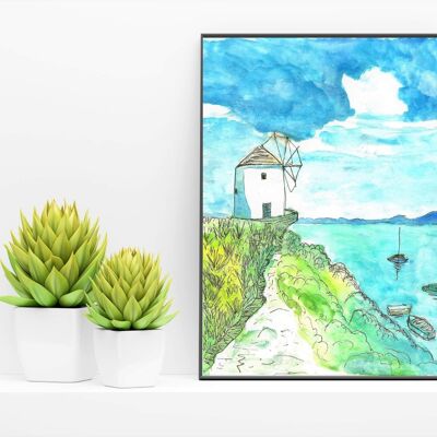 watercolor greek windmill