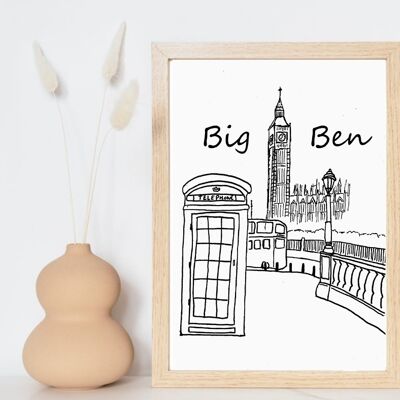 Lámina Big Ben de Londres en blanco y negro - A5