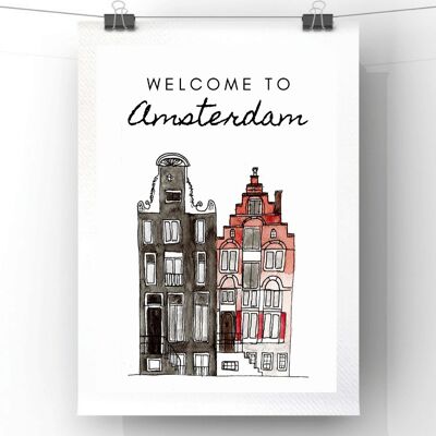 Stampa delle case di Amsterdam - Riproduzione originale dell'acquerello - A4