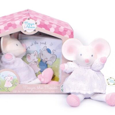 Meiya & Alvin: MEIYA Mouse / SET IN BOX: MEIYA soft toy mouse con cabeza y libro de caucho natural de 19 cm (FRANCÉS), en caja de ventana, 0+