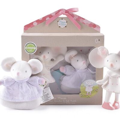 Meiya & Alvin: MEIYA Mouse / SET IN BOX: MEIYA natural rubber mouse with 16cm squeaker & 13cm soft rattle, in window box, 0+
