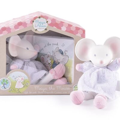 Meiya & Alvin: MEIYA Mouse / SET IN BOX: MEIYA Soft Toy Mouse con cabeza y libro de caucho natural de 19 cm (HOLANDÉS), ventana en caja, 0+