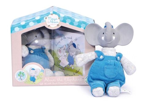 Meiya & Alvin: Éléphant ALVIN / SET en BOÎTE: Éléphant ALVIN jouet doux avec tête en caoutchouc naturel 19cm & livre (FRANCAIS), en boîte fenêtre, 0+