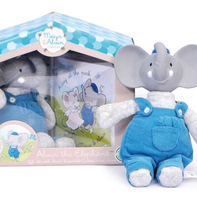 Meiya & Alvin: Elephant ALVIN / SET IN BOX: Elephant ALVIN peluche con cabeza y libro de caucho natural de 19 cm (FRANCÉS), en caja de ventana, 0+