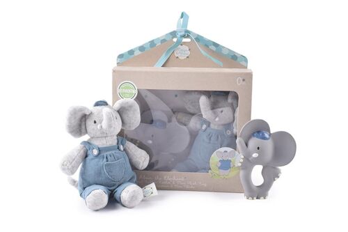 Meiya & Alvin: Éléphant ALVIN / SET en BOÎTE: Éléphant ALVIN jouet doux mini 22 cm & anneau de dentition en caoutchouc naturel 11cm, en boîte fenêtre, 0+