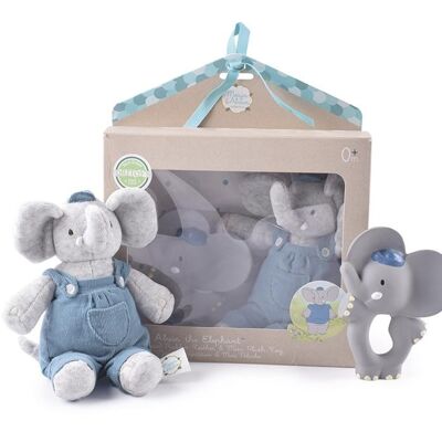 Meiya & Alvin: Elefant ALVIN / SET IN BOX: Elefant ALVIN Mini-Plüschtier 22 cm & Naturkautschuk-Beißring 11 cm, in Fensterbox, 0+