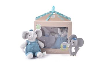 Meiya & Alvin: Éléphant ALVIN / SET en BOÎTE: Éléphant ALVIN jouet doux mini 22 cm & anneau de dentition en caoutchouc naturel 11cm, en boîte fenêtre, 0+ 2