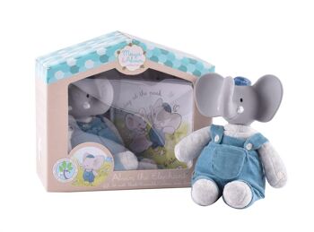 Meiya & Alvin: Éléphant ALVIN / SET en BOÎTE: Éléphant ALVIN jouet doux avec tête en caoutchouc naturel 19cm & livre (NÉERLANDAIS), en boîte fenêtre, 0+ 3