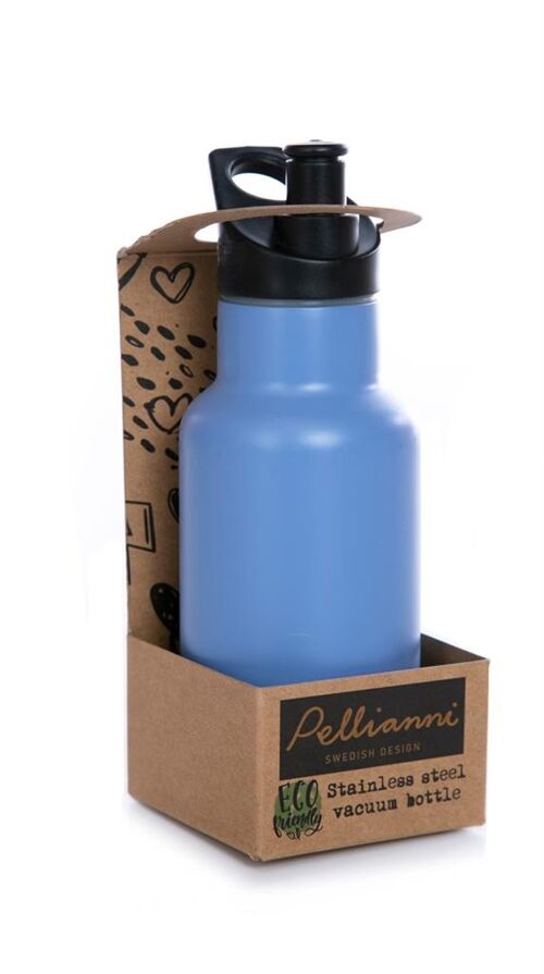 Pellianni : FLACON D'EAU ISOLÉS BLEU 350ml, à double paroi, gardent les liquides frais jusqu'à 12 heures et chauds pendant environ 6 heures, en acier  inoxydable, le capuchon est sans BPA et dispose d'un verrou de sécurité