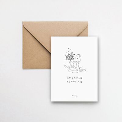 Cheval à bascule - carte 10x15 papier fait main et enveloppe recyclée