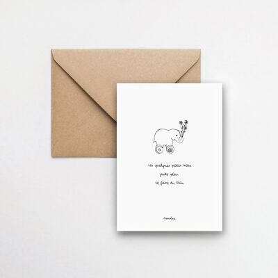 Elefant auf Rädern – 10x15 handgemachte Papierkarte und recycelter Umschlag